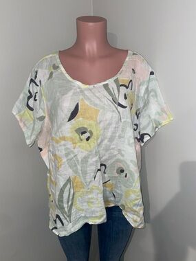 Rachel Zoe Pastel Floral Linen Short Sleeve Blouse. 2X